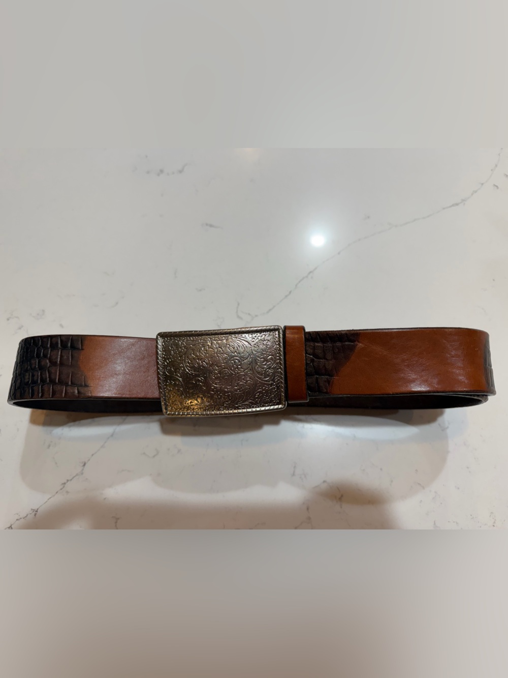 Cole Haan Brown Two-Tone Leather Belt with Decorative Silver Buckle, size 38